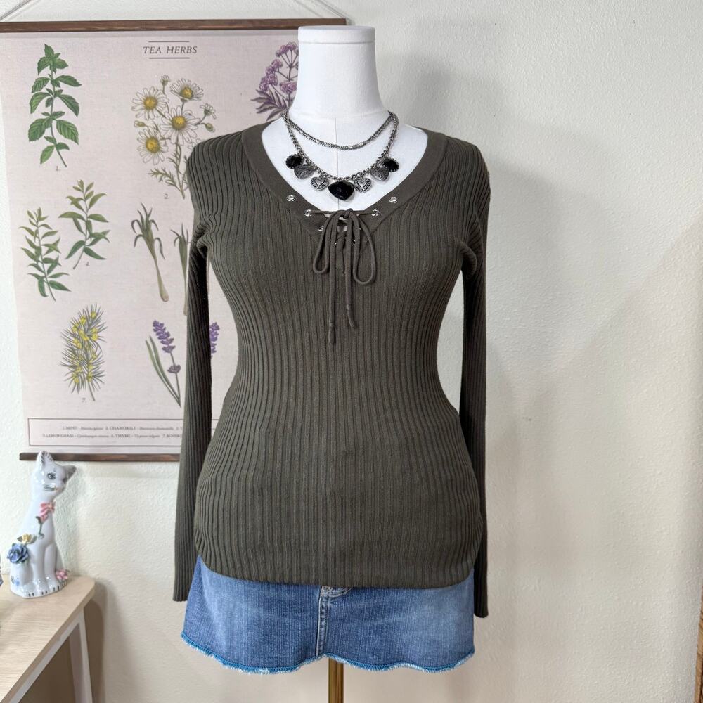 Vintage 90s Y2k Green Lace Up Ribbed Knit Top Indie Sleaze Rockstar Girlfriend M